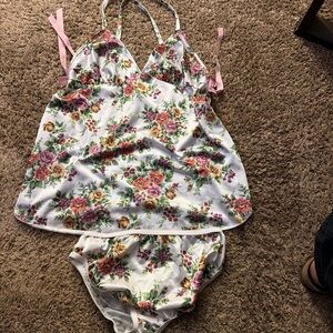 Floral Satin Chemise & Brief Set - White with Pink Rose Print